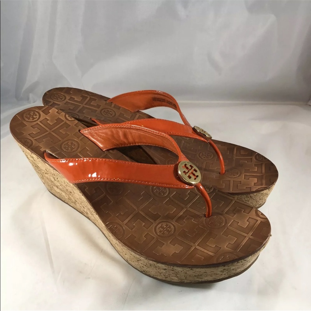 Tory Burch Thora Cork Wedge Orange Sandals Sz 10 M